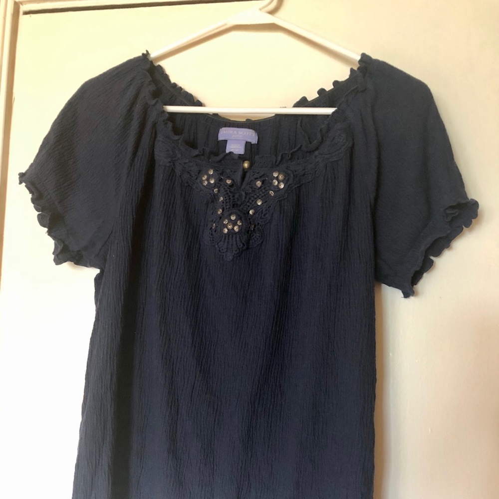 Petite Navy Blue Crinkle Short Sleeve Top